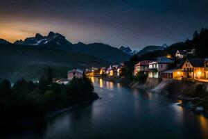 foto fondo de pantalla el cielo, montañas, río, casas, el noche, el montañas, el río. generado por ai