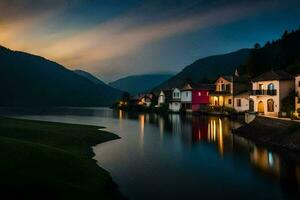 photo wallpaper the sky, lake, mountains, houses, the night, the lake, the mountains. AI-Generated