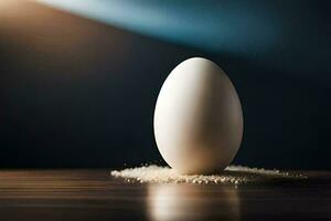 an egg sitting on top of a table with a light behind it. AI-Generated photo