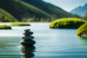 a stack of stones in the middle of a lake. AI-Generated photo