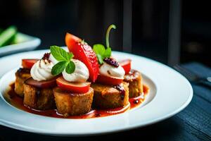 un plato de comida con fresas y azotado crema. generado por ai foto