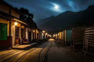 a train tracks in the middle of a town at night. AI-Generated photo