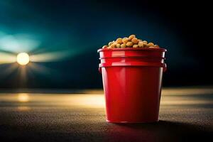 a red bucket filled with peanuts sitting on a table. AI-Generated photo