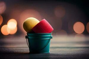 a bucket with two colorful balls in it. AI-Generated photo