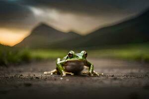 un rana sentado en el suelo en frente de un montaña. generado por ai foto