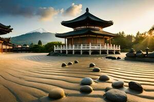 the japanese temple in the middle of the sand. AI-Generated photo