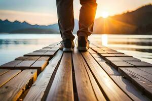 a person walking on a dock at sunset. AI-Generated photo