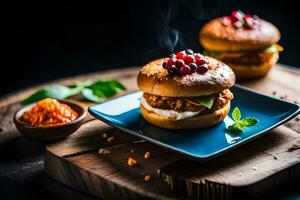 two chicken sandwiches on a blue plate with a garnish. AI-Generated photo