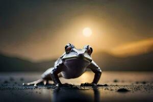 a frog is standing on the ground in front of the sun. AI-Generated photo