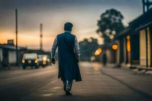 a man in a blue suit walks down a street at sunset. AI-Generated photo