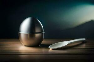 un cuchara y un huevo sentado en un mesa. generado por ai foto