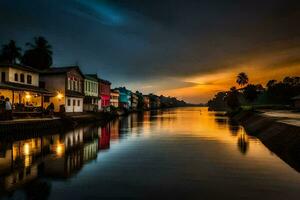 a river in the middle of a town at sunset. AI-Generated photo