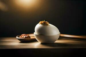 an egg in a bowl with a spoon on a table. AI-Generated photo