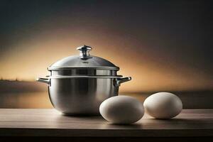 a stainless steel pot and two eggs on a table. AI-Generated photo