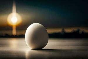 an egg is sitting on a table in front of a city. AI-Generated photo