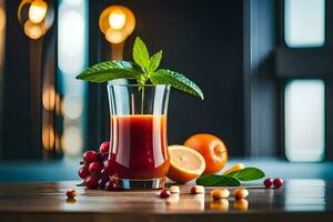 un vaso de jugo con Fruta y menta hojas. generado por ai foto