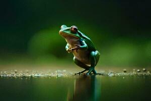 a frog is standing on its hind legs on a wet surface. AI-Generated photo