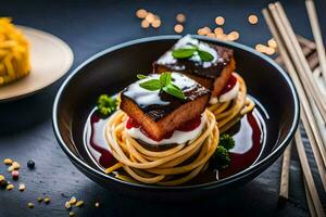 a bowl of spaghetti with meat and sauce. AI-Generated photo