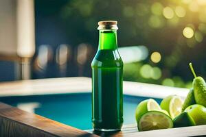 a bottle of green juice with lime and cucumber. AI-Generated photo