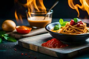 spaghetti with tomato sauce and basil on a wooden board. AI-Generated photo