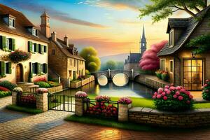 a painting of a village street with flowers and a bridge. AI-Generated photo