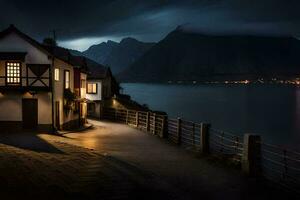 foto fondo de pantalla el cielo, noche, montañas, casa, el costa, el mar, el montañas. generado por ai