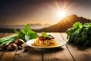 spaghetti with cherry tomatoes and basil on a wooden table. AI-Generated photo