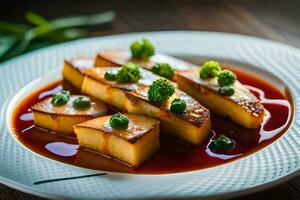 a plate of food with potatoes and sauce. AI-Generated photo