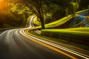 un largo exposición foto de un devanado la carretera. generado por ai