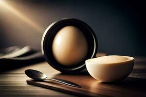eggs on a table with a spoon and a bowl. AI-Generated photo