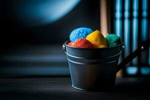 a bucket filled with colorful ice cream. AI-Generated photo