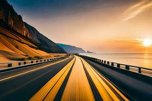 un autopista con el Dom ajuste terminado el océano. generado por ai foto