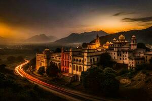 a beautiful old building sits on a hillside at sunset. AI-Generated photo