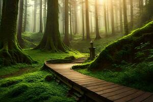 a path through a green forest with trees and moss. AI-Generated photo