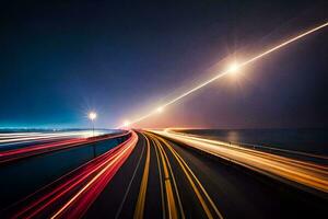 long exposure of a highway at night with light trails. AI-Generated photo
