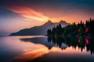 a beautiful sunset over a lake with trees and mountains. AI-Generated photo