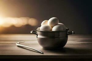 a bowl of eggs on a table with a spoon. AI-Generated photo