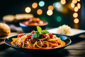 spaghetti with tomato sauce and basil leaves on a wooden table. AI-Generated photo