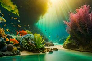 submarino escena con coral arrecifes y pez. generado por ai foto