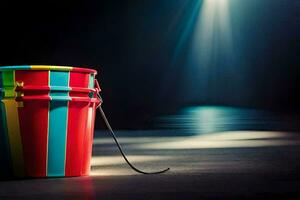 a colorful bucket with a string tied to it. AI-Generated photo