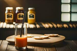 a glass of orange juice with a straw on a wooden table. AI-Generated photo