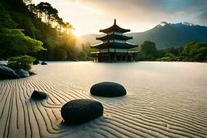 the sand dunes of japanese temple in the mountains. AI-Generated photo