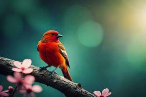 a red bird sitting on a branch with pink flowers. AI-Generated photo
