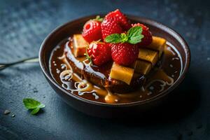 french toast with strawberries and maple syrup on a dark background. AI-Generated photo