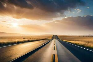 un largo vacío la carretera con el Dom ajuste detrás él. generado por ai foto