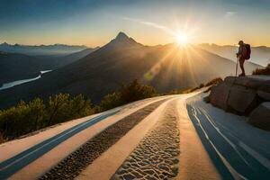 a person standing on a mountain top with the sun setting behind them. AI-Generated photo