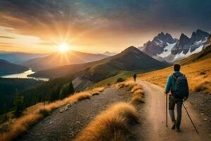 a man with backpack and trek poles walks on a trail in the mountains. AI-Generated photo