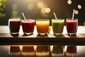 a row of different colored juices on a wooden tray. AI-Generated photo