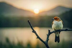 a bird sits on a branch in front of a lake. AI-Generated photo