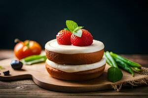 a cake with cream cheese frosting and strawberries. AI-Generated photo